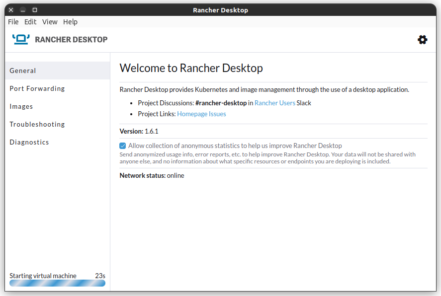 Rancher Desktop - General (VM 起動中)